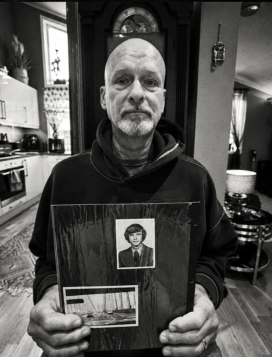 Svart-hvitt-portrett av en mann som holder fotografier